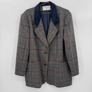 Vintage Tweed Plaid Wool Blazer Suede Collar International Scene Preppy Academia